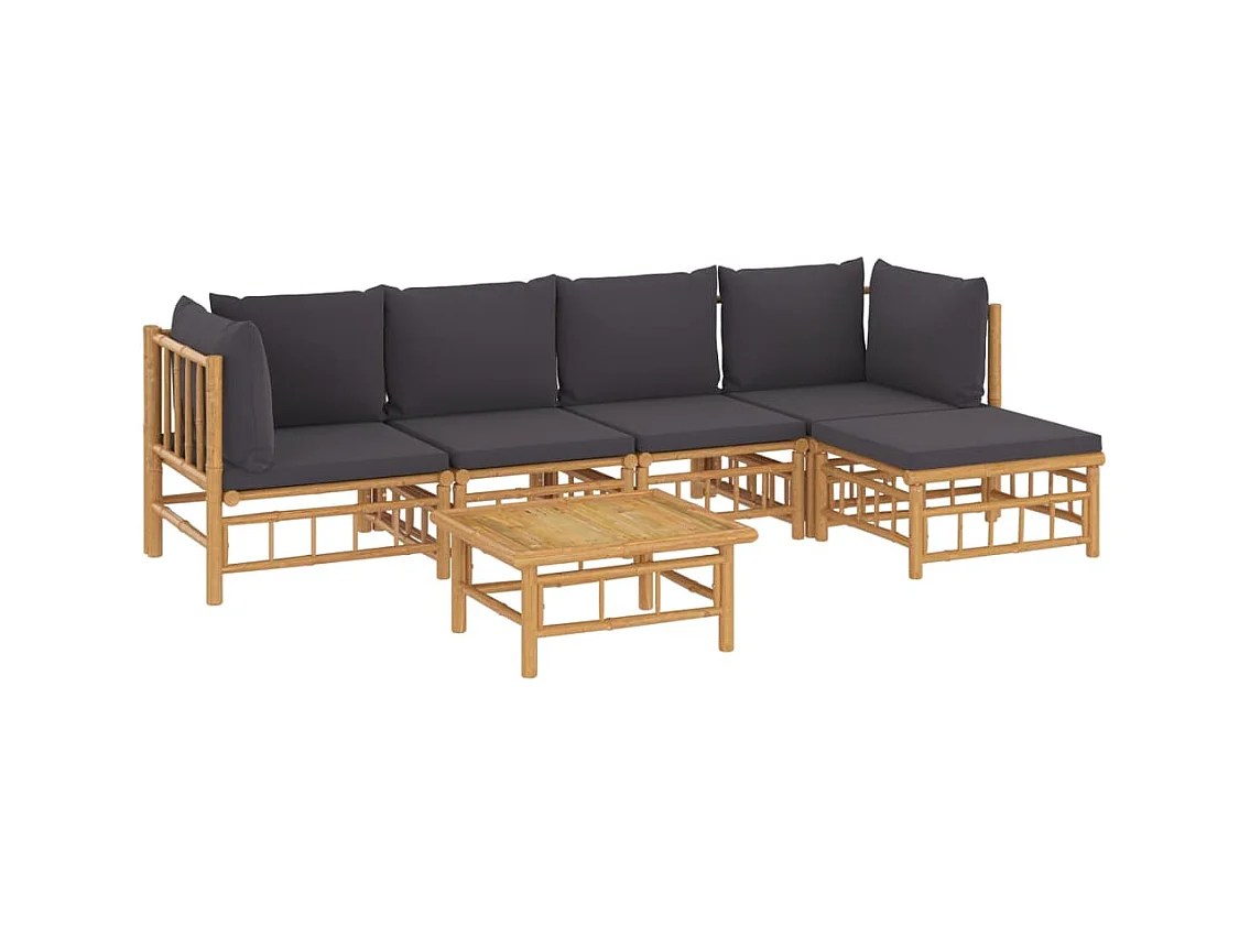 Salon de jardin 6 pcs avec coussins gris foncé bambou
