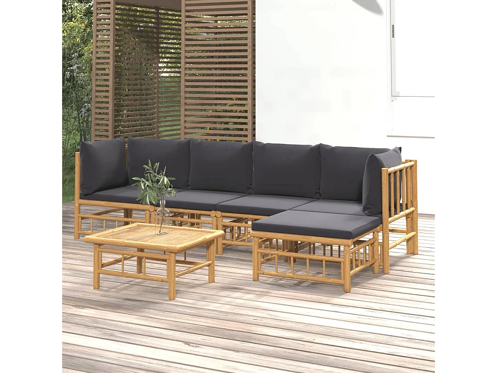 Salon de jardin 6 pcs avec coussins gris foncé bambou