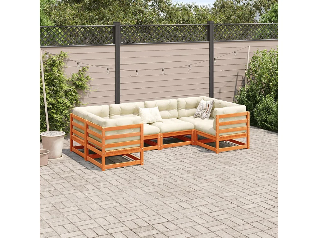 Salon de jardin 6 pcs avec coussins cire marron bois pin massif