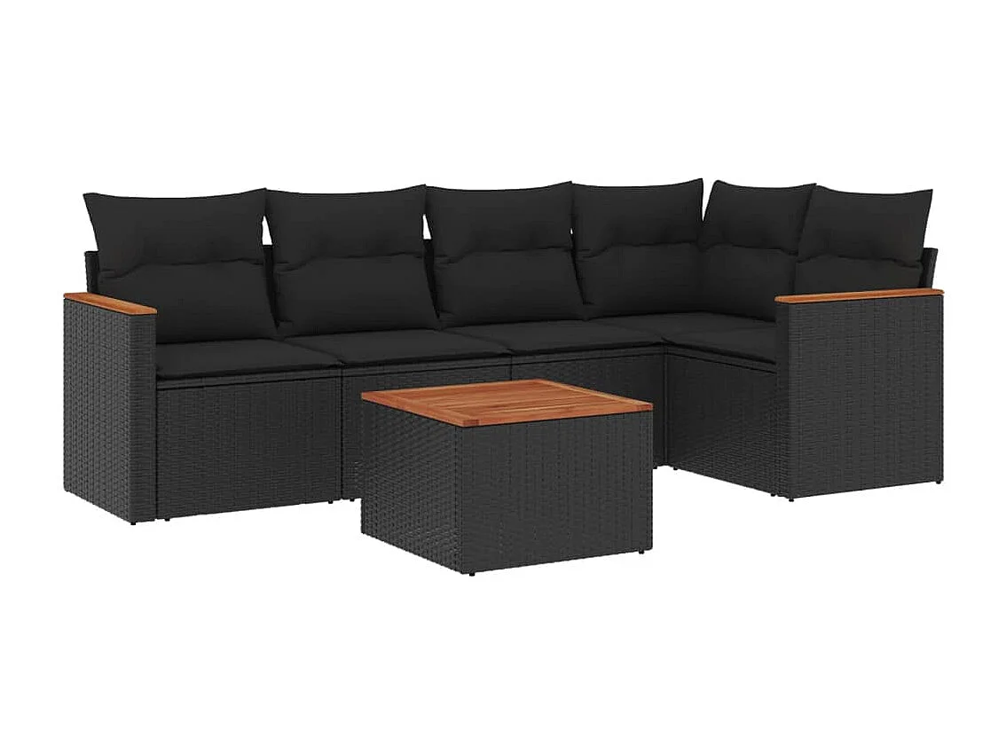 Salon de jardin 6 pcs avec coussins noir résine tressée