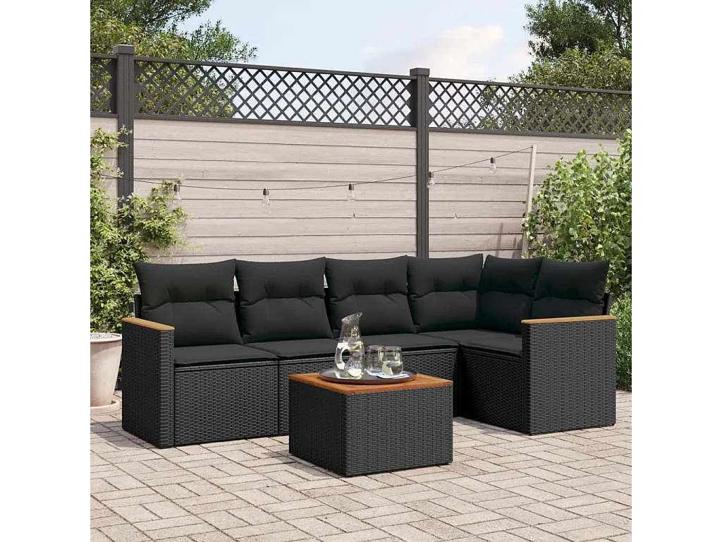 Salon de jardin 6 pcs avec coussins noir résine tressée