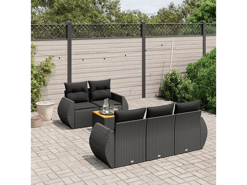 Salon de jardin 6 pcs avec coussins noir résine tressée