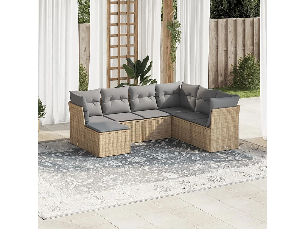 Salon de jardin avec coussins 7 pcs beige résine tressée