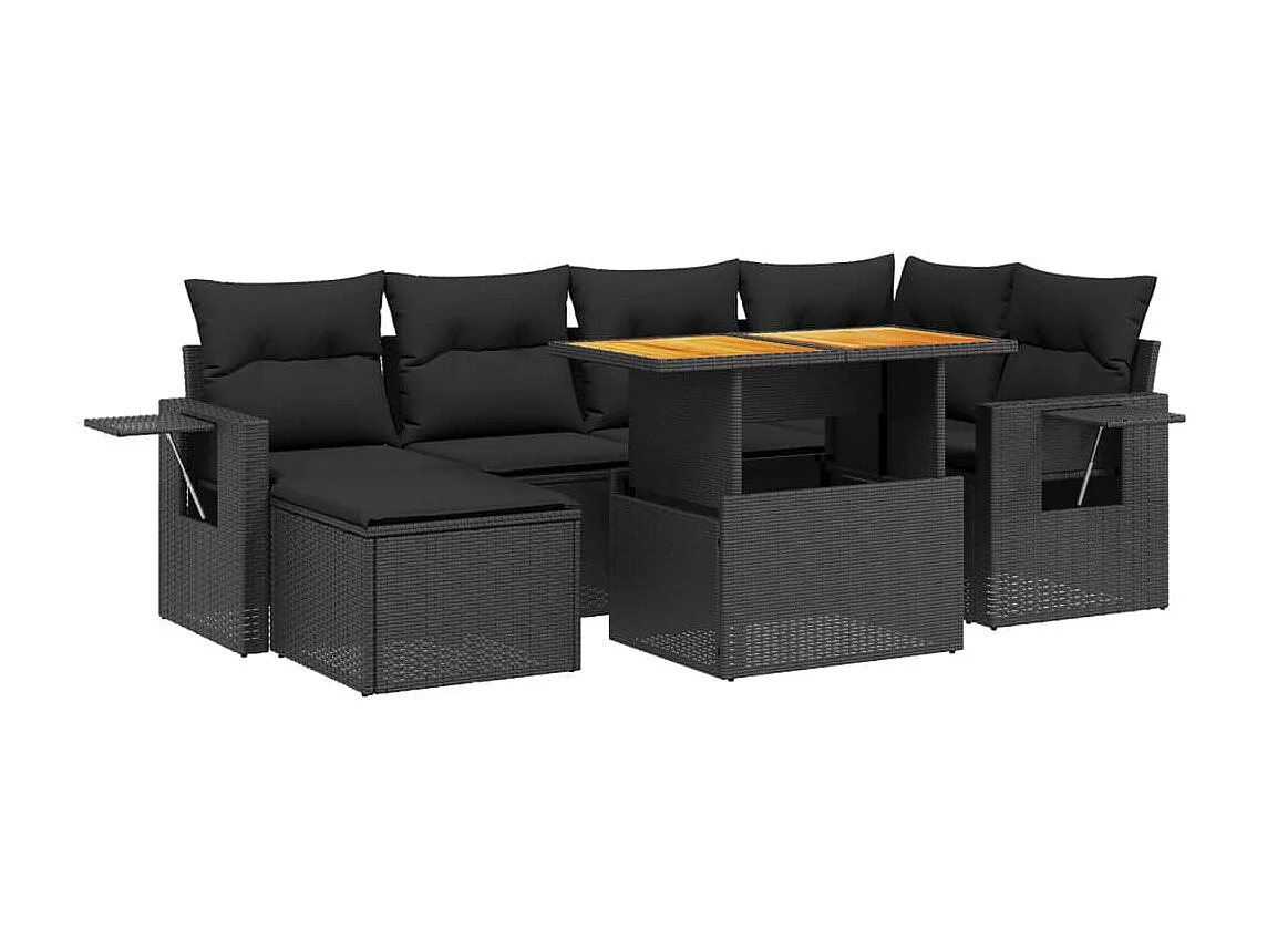 Salon de jardin 7 pcs avec coussins noir résine tressée