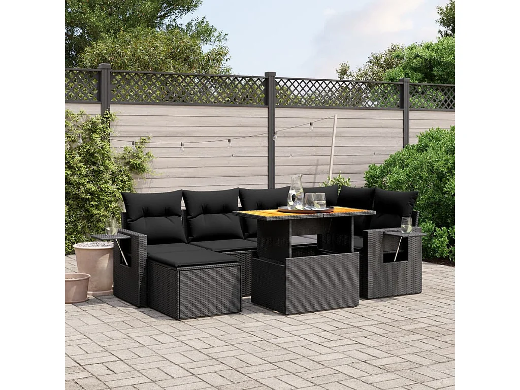 Salon de jardin 7 pcs avec coussins noir résine tressée