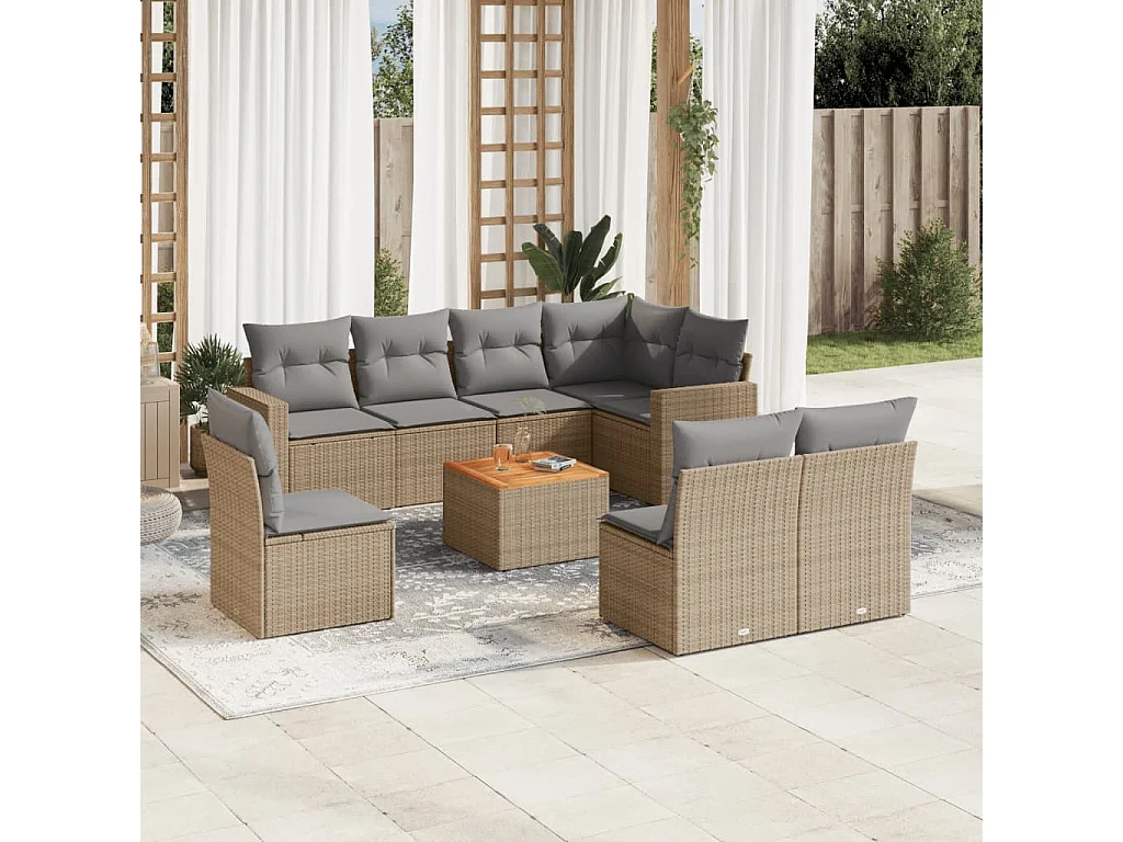 Salon de jardin avec coussins 9 pcs beige résine tressée