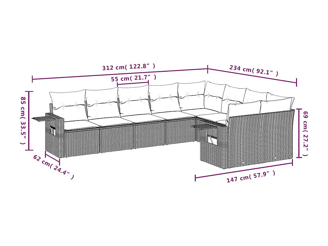 Salon de jardin avec coussins 9 pcs beige résine tressée