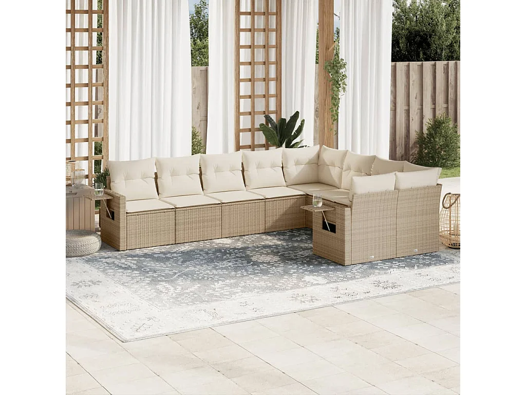 Salon de jardin avec coussins 9 pcs beige résine tressée