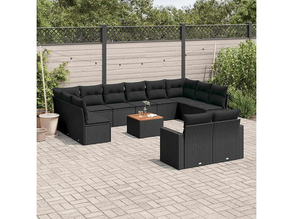 Salon de jardin avec coussins 13 pcs noir résine tressée