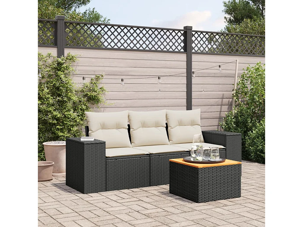 Salon de jardin 4 pcs avec coussins noir résine tressée