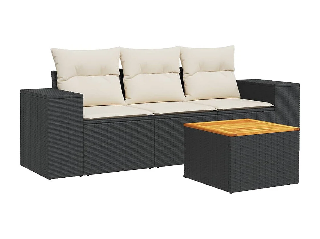 Salon de jardin 4 pcs avec coussins noir résine tressée