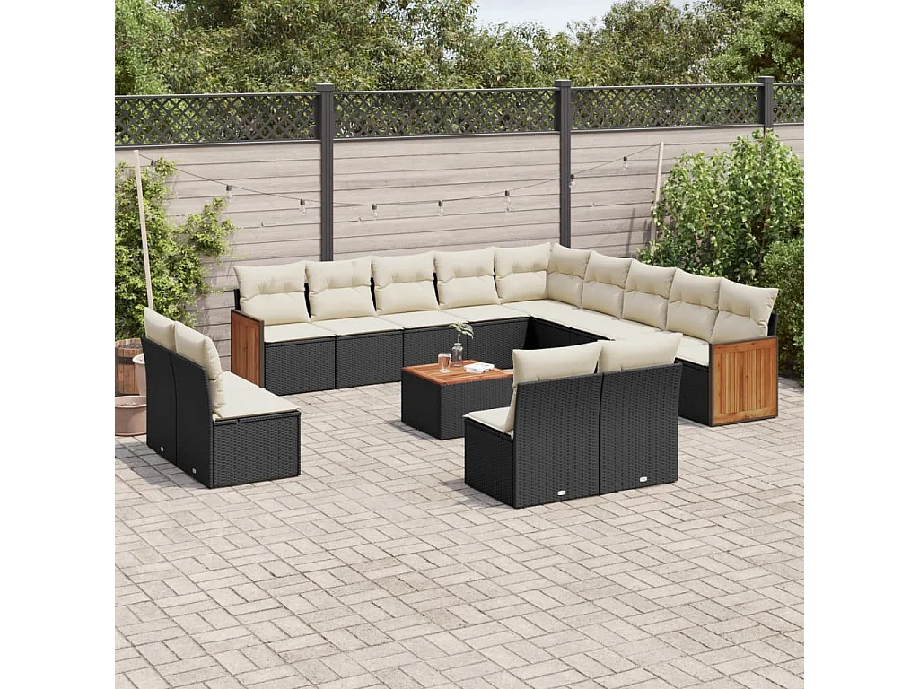 Salon de jardin avec coussins 14 pcs noir résine tressée