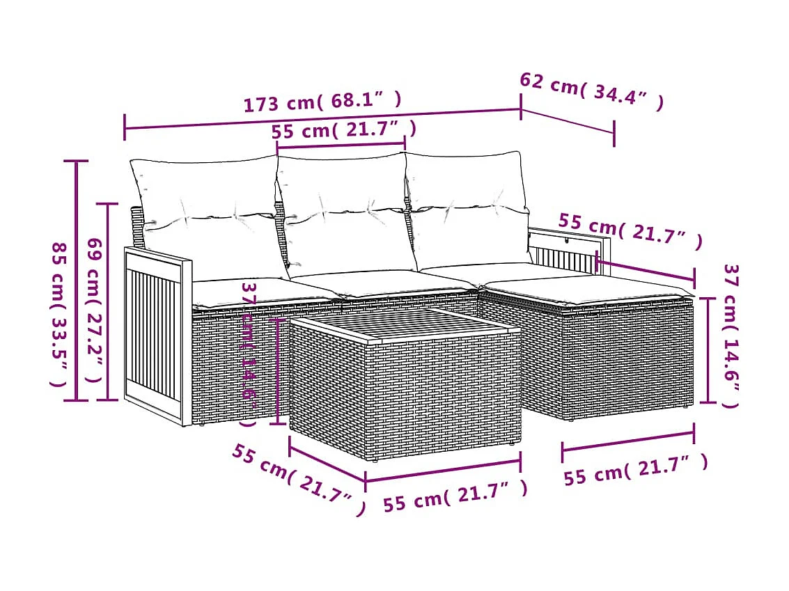 Salon de jardin 5 pcs avec coussins gris résine tressée