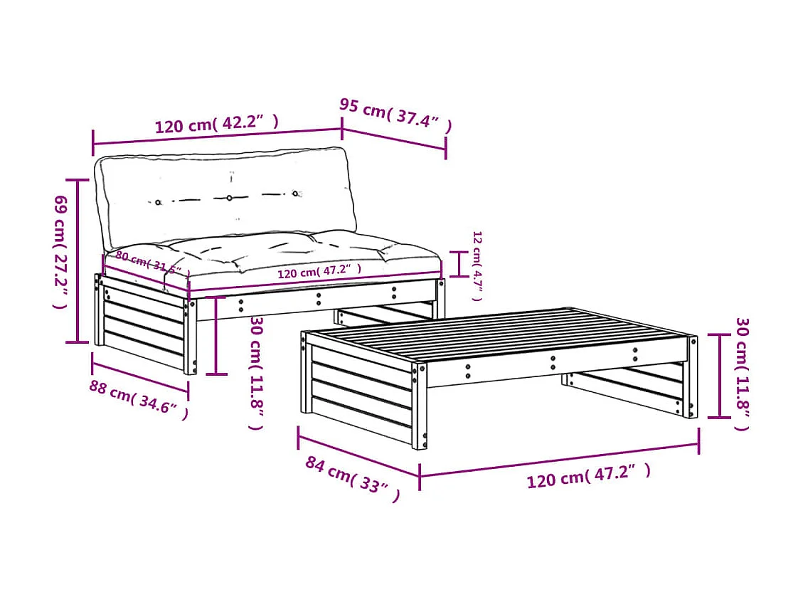 Salon de jardin 2 pcs avec coussins bois massif