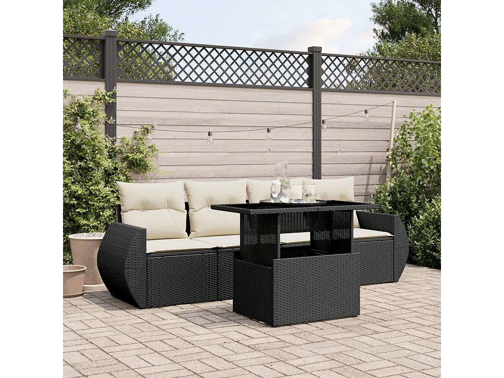 Salon de jardin 5 pcs avec coussins noir résine tressée