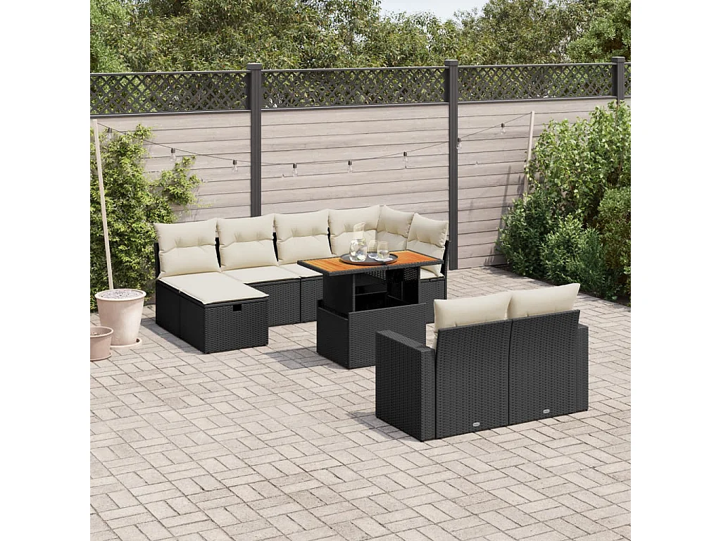 Salon de jardin 11 pcs avec coussins noir résine tressée