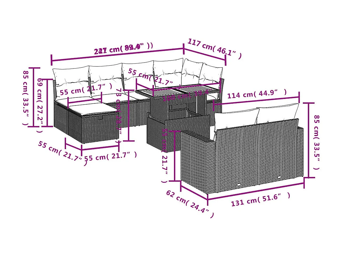 Salon de jardin 11 pcs avec coussins noir résine tressée