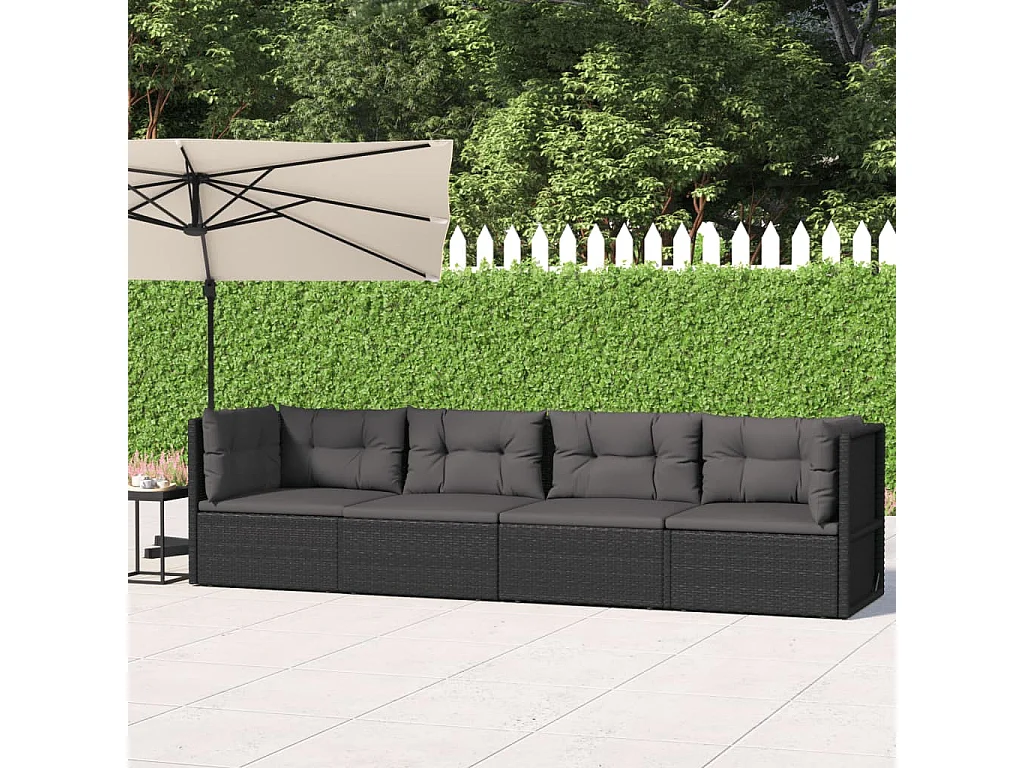 Salon de jardin 4 pcs avec coussins Noir Résine tressée