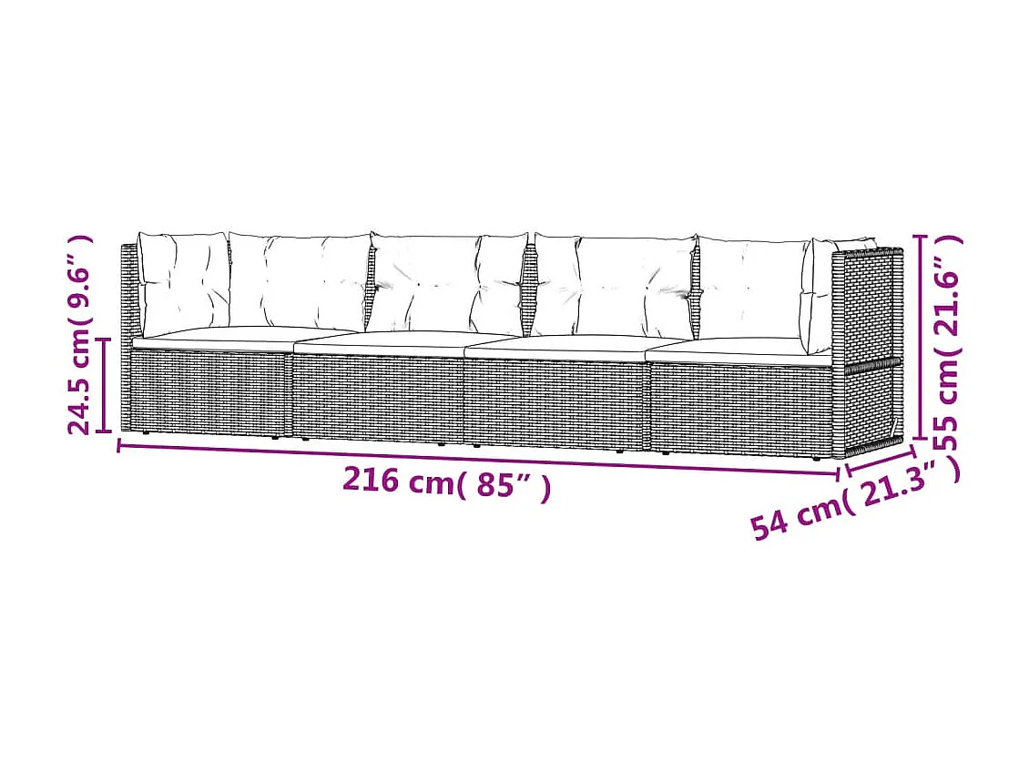 Salon de jardin 4 pcs avec coussins Noir Résine tressée