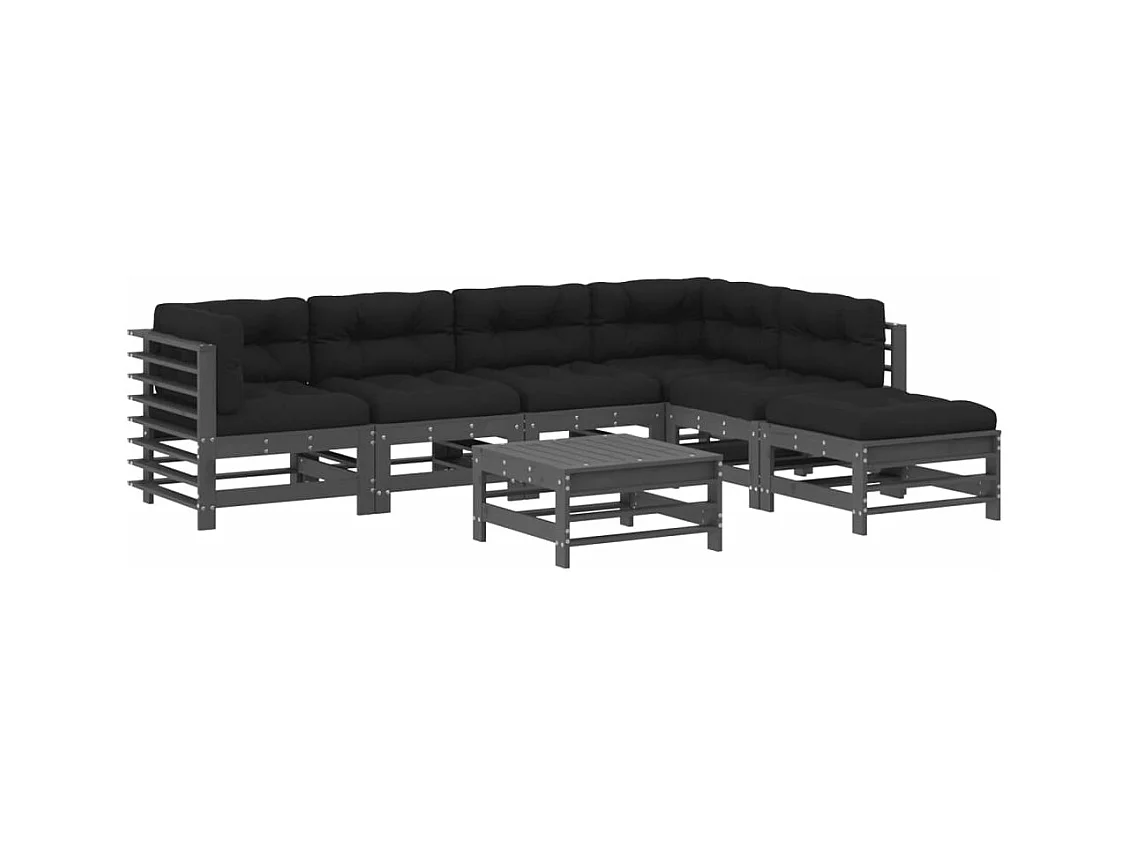 Salon de jardin 7 pcs avec coussins gris bois massif