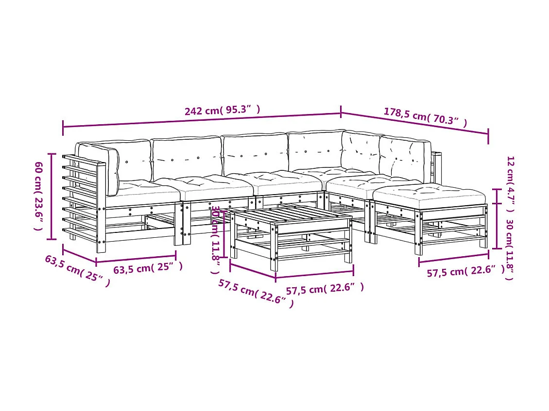 Salon de jardin 7 pcs avec coussins gris bois massif