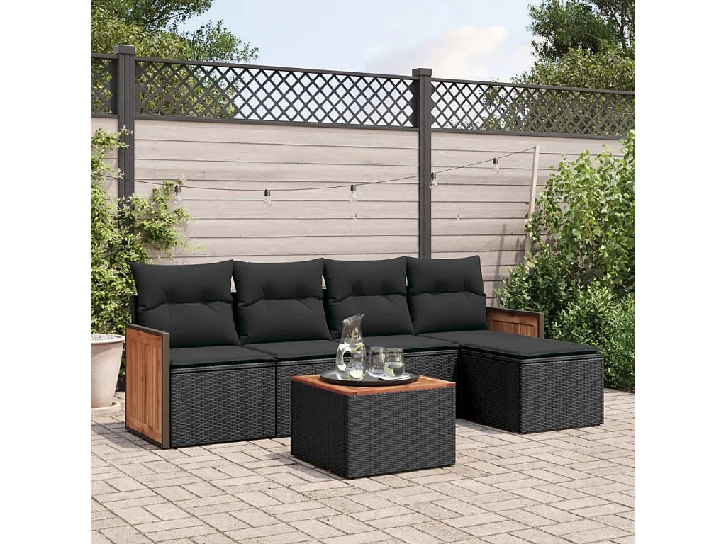 Salon de jardin 6 pcs avec coussins noir résine tressée