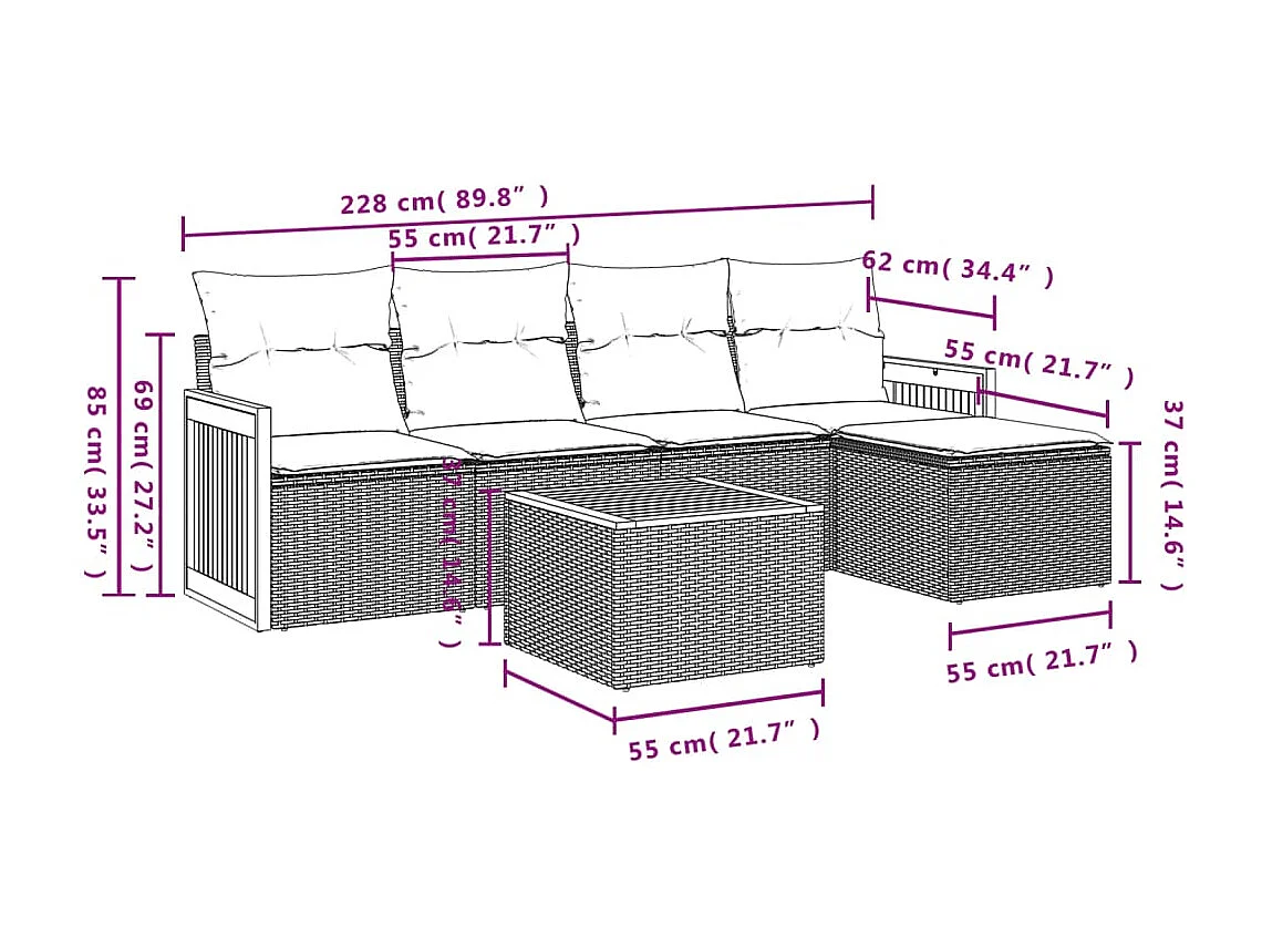 Salon de jardin 6 pcs avec coussins noir résine tressée