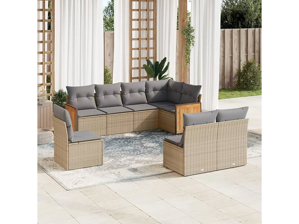 Salon de jardin avec coussins 8 pcs beige résine tressée