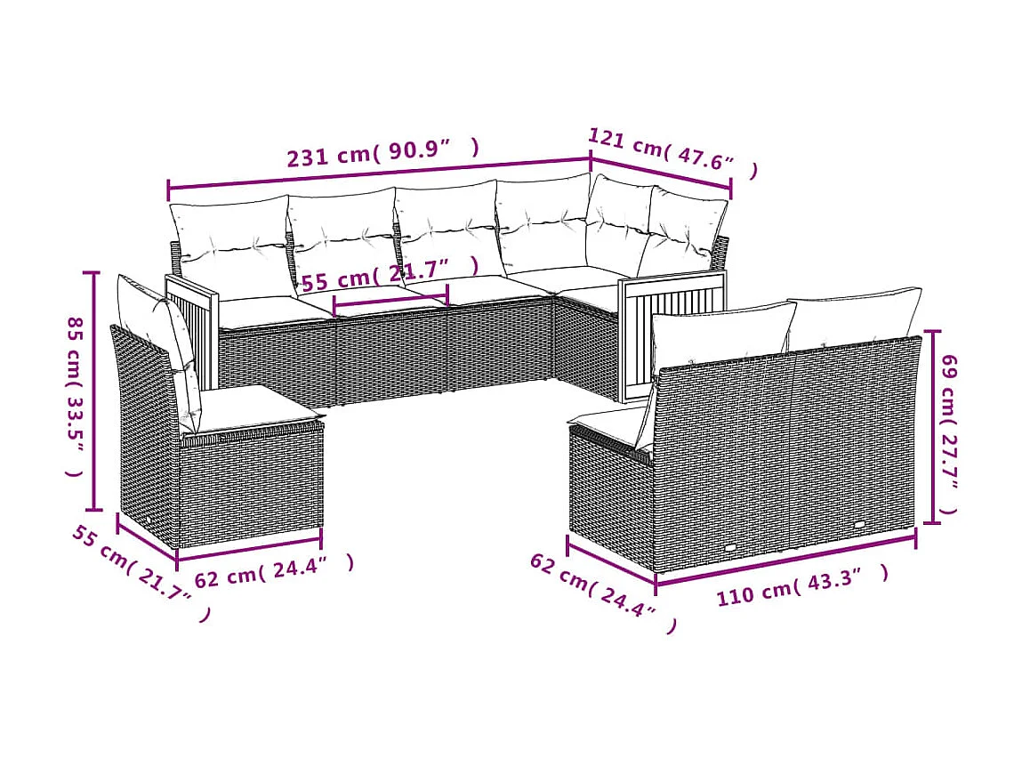 Salon de jardin avec coussins 8 pcs beige résine tressée