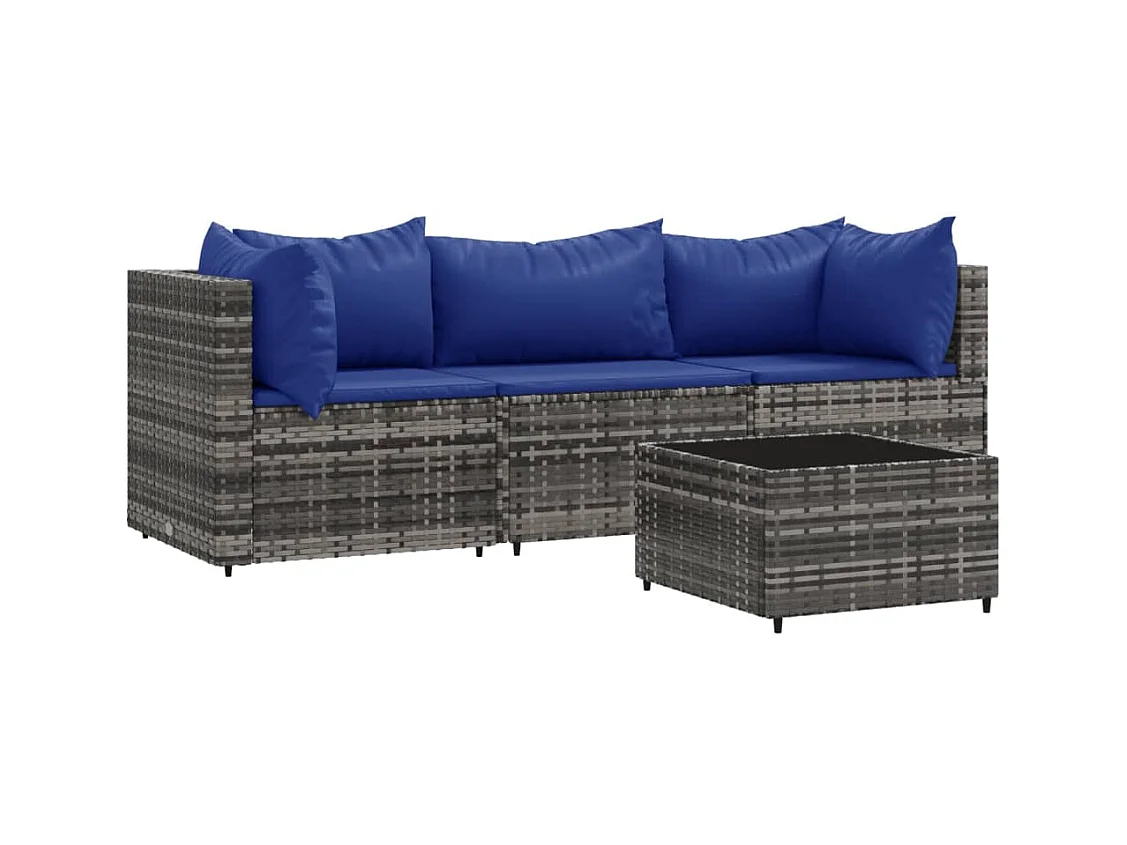 Salon de jardin 4 pcs avec coussins Gris Résine tressée