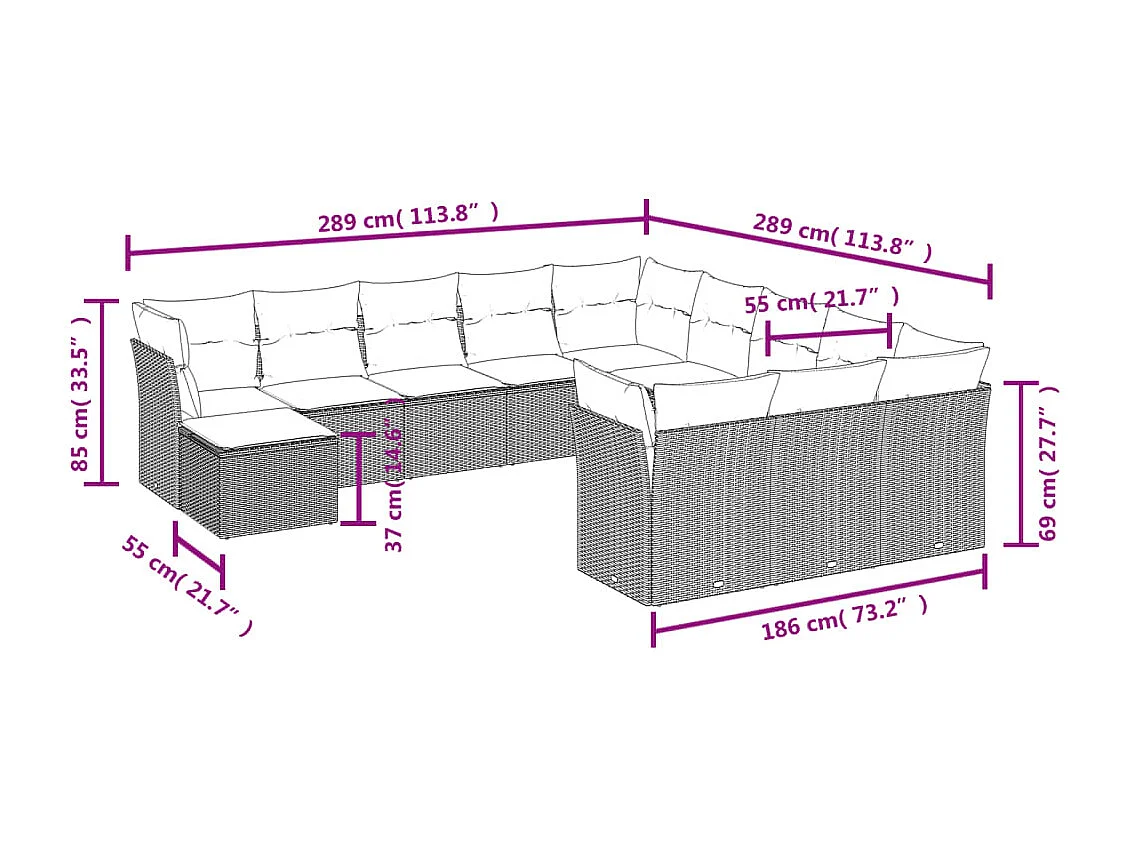 Salon de jardin avec coussins 12 pcs gris résine tressée
