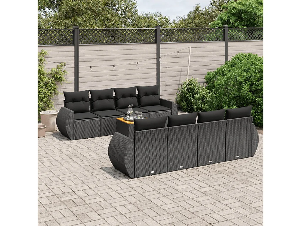 Salon de jardin 9 pcs avec coussins noir résine tressée