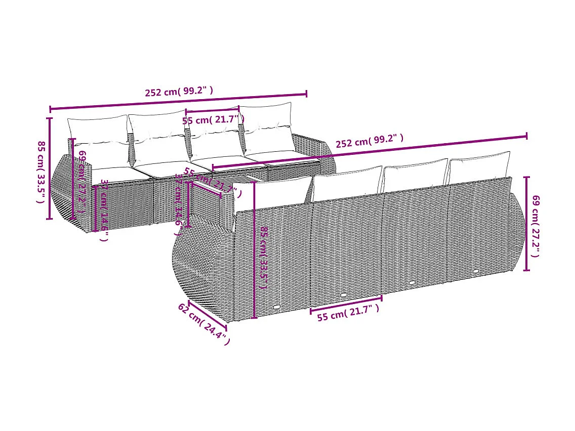 Salon de jardin 9 pcs avec coussins noir résine tressée
