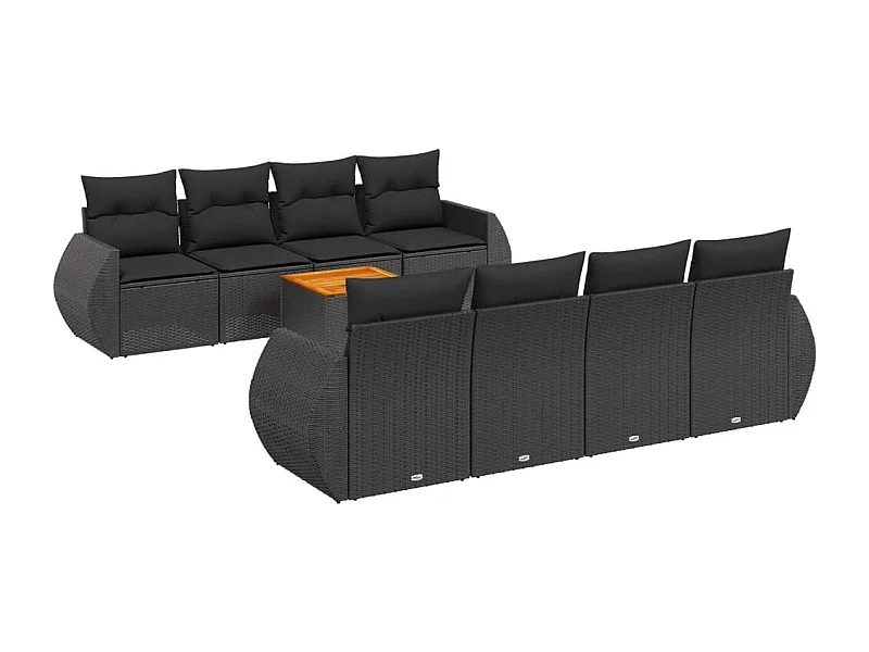 Salon de jardin 9 pcs avec coussins noir résine tressée