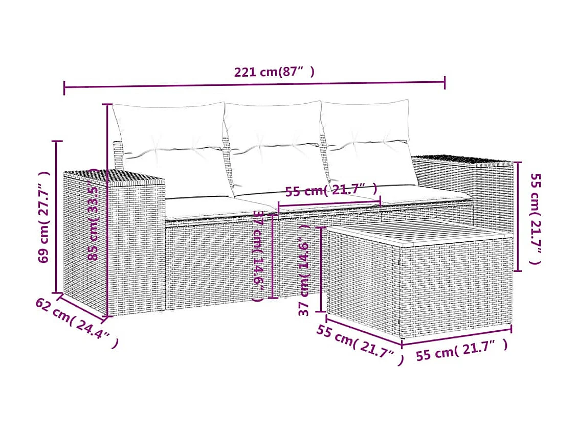 Salon de jardin avec coussins 4 pcs beige résine tressée