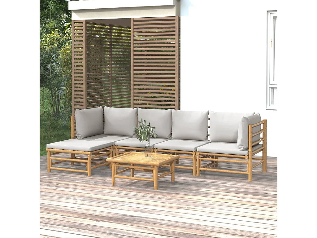 Salon de jardin 6 pcs avec coussins gris clair bambou