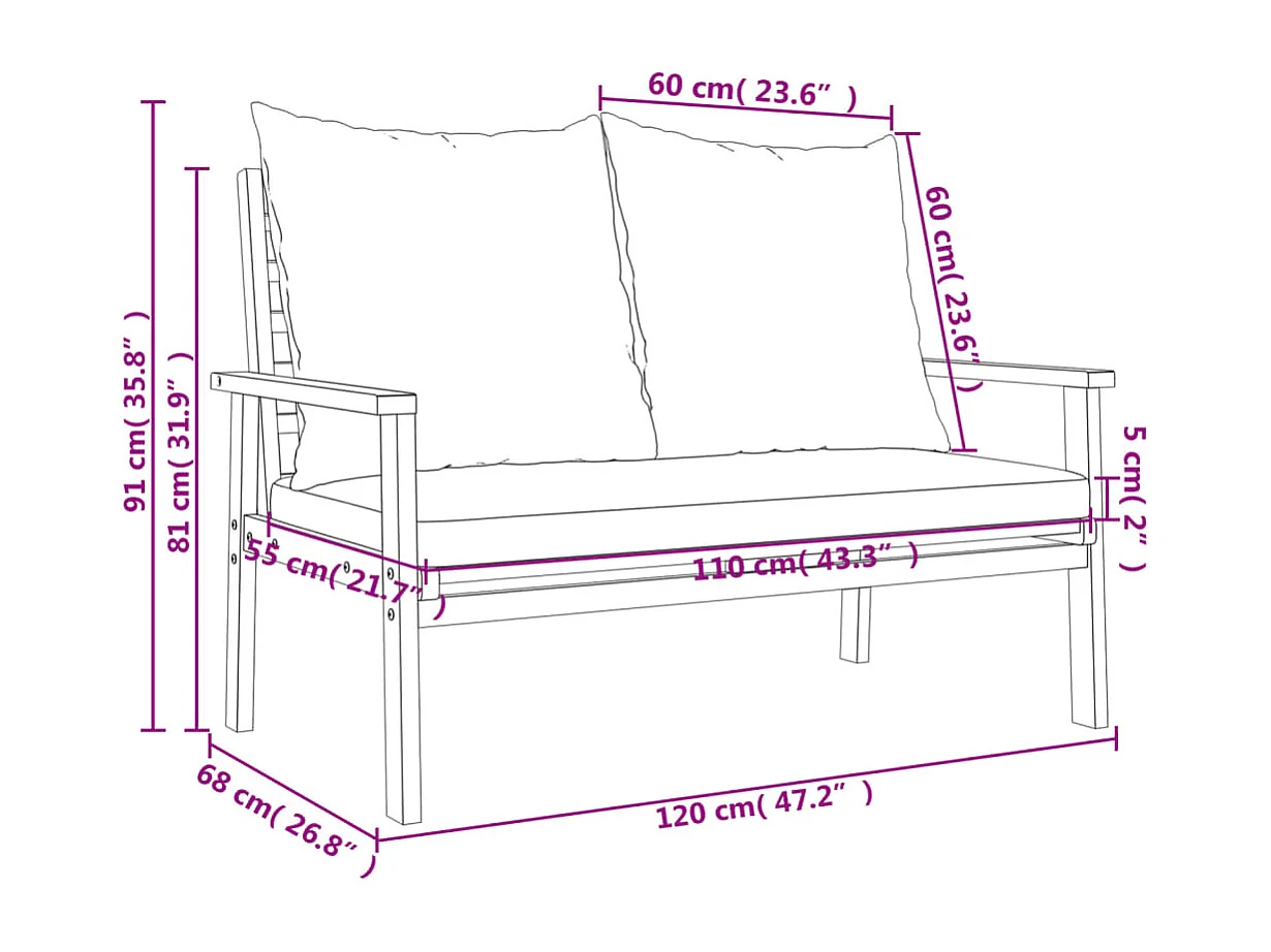 Salon de jardin 3 pcs avec coussins bois massif d'acacia