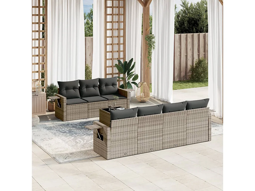 Salon de jardin 8 pcs avec coussins gris résine tressée