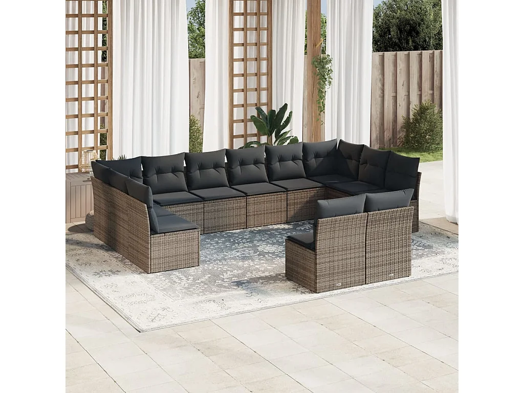Salon de jardin avec coussins 12 pcs gris résine tressée