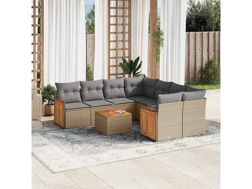 Salon de jardin avec coussins 9 pcs beige résine tressée