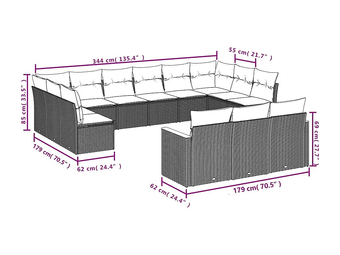 Salon de jardin avec coussins 13 pcs gris résine tressée