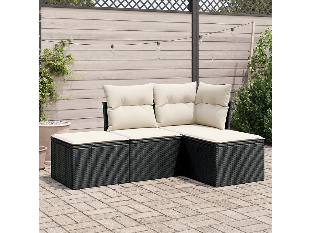 Salon de jardin 4 pcs avec coussins noir résine tressée