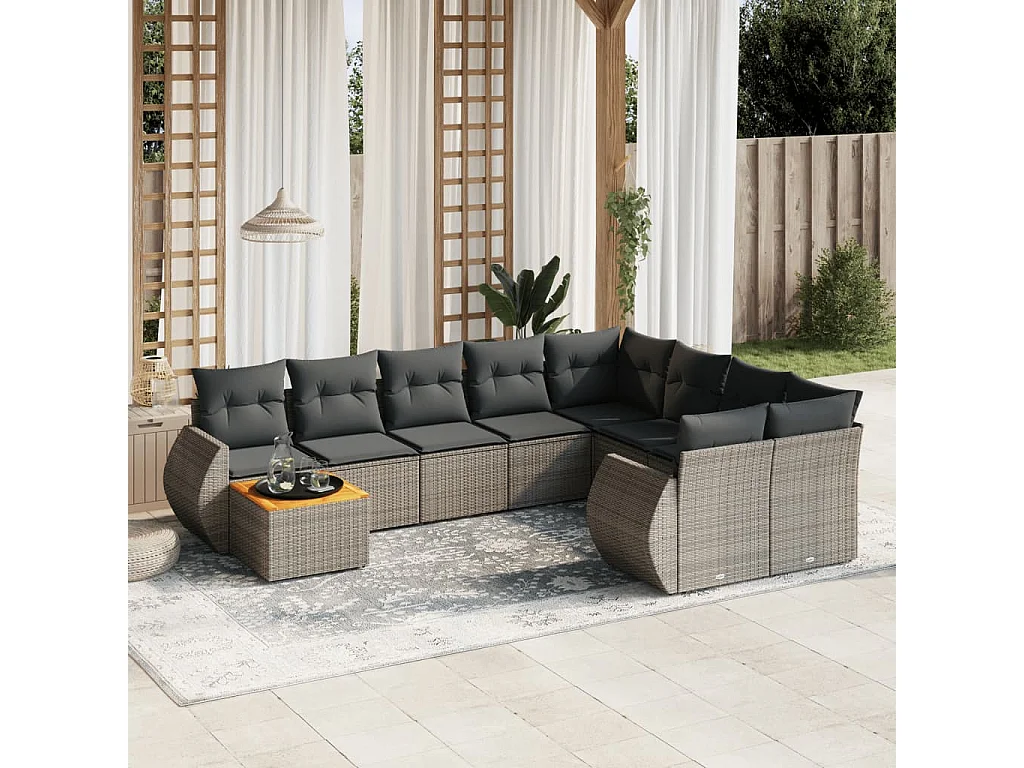 Salon de jardin avec coussins 10 pcs gris résine tressée