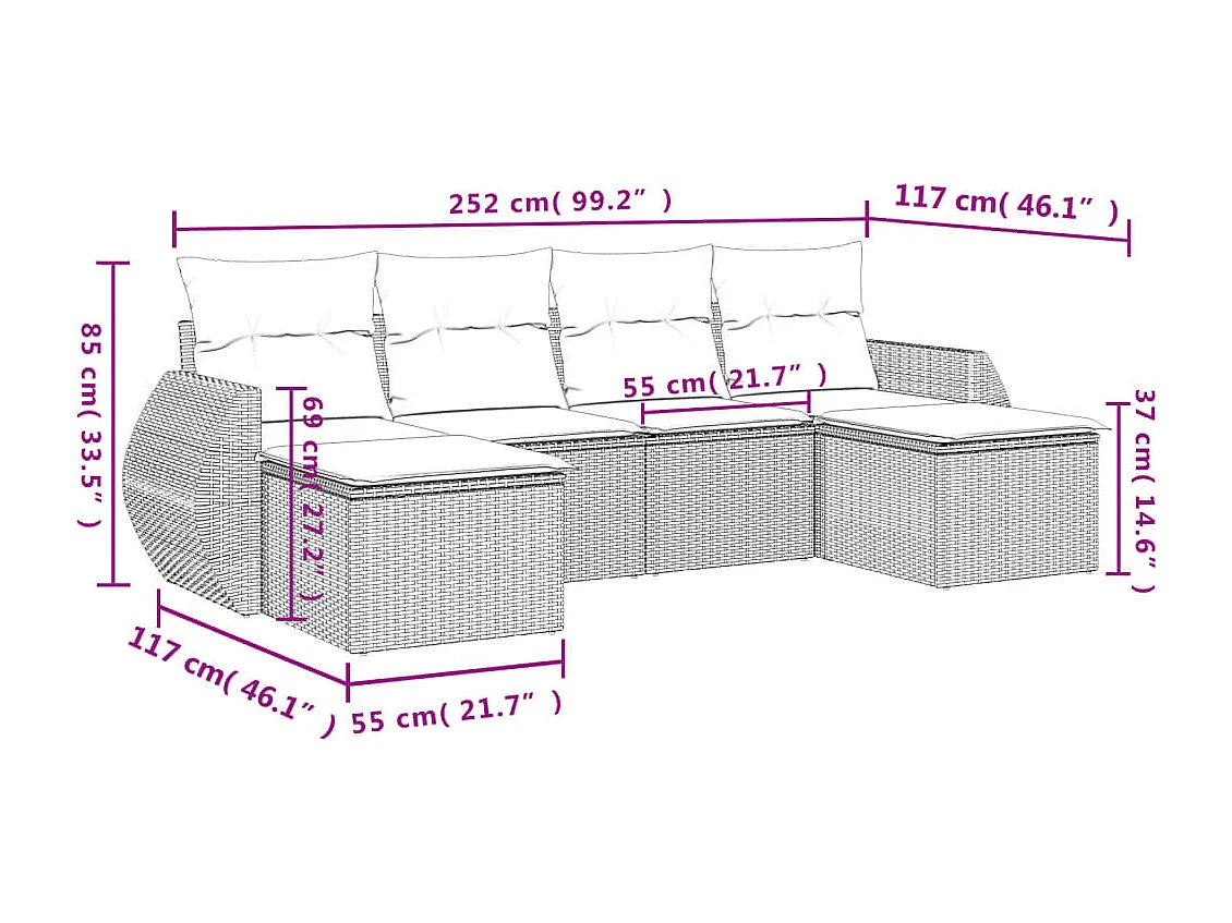 Salon de jardin 6 pcs avec coussins noir résine tressée