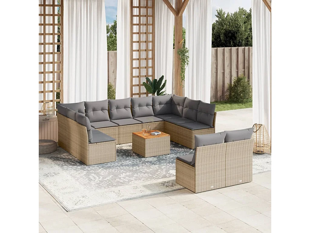 Salon de jardin et coussins 12 pcs mélange beige résine tressée