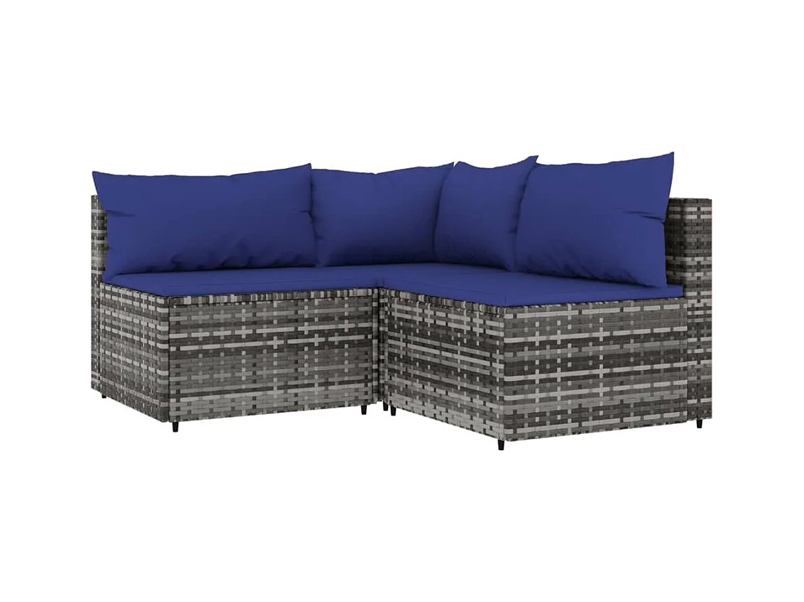 Salon de jardin 3 pcs avec coussins Gris Résine tressée