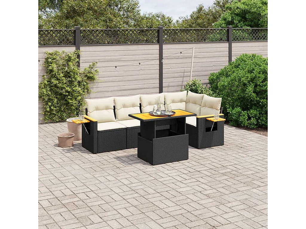Salon de jardin 6 pcs avec coussins noir résine tressée