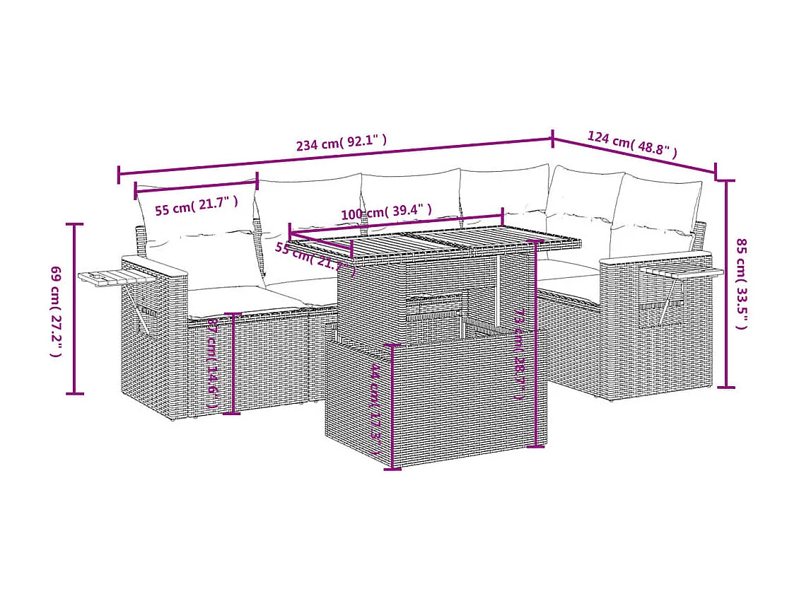 Salon de jardin 6 pcs avec coussins noir résine tressée