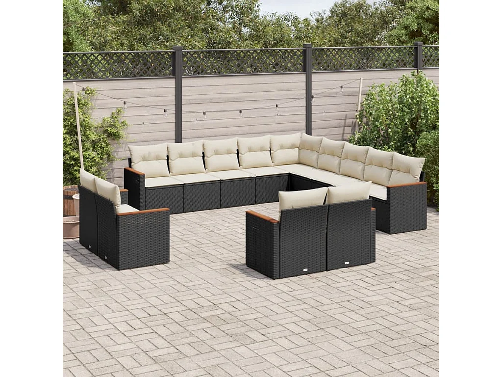 Salon de jardin avec coussins 13 pcs noir résine tressée
