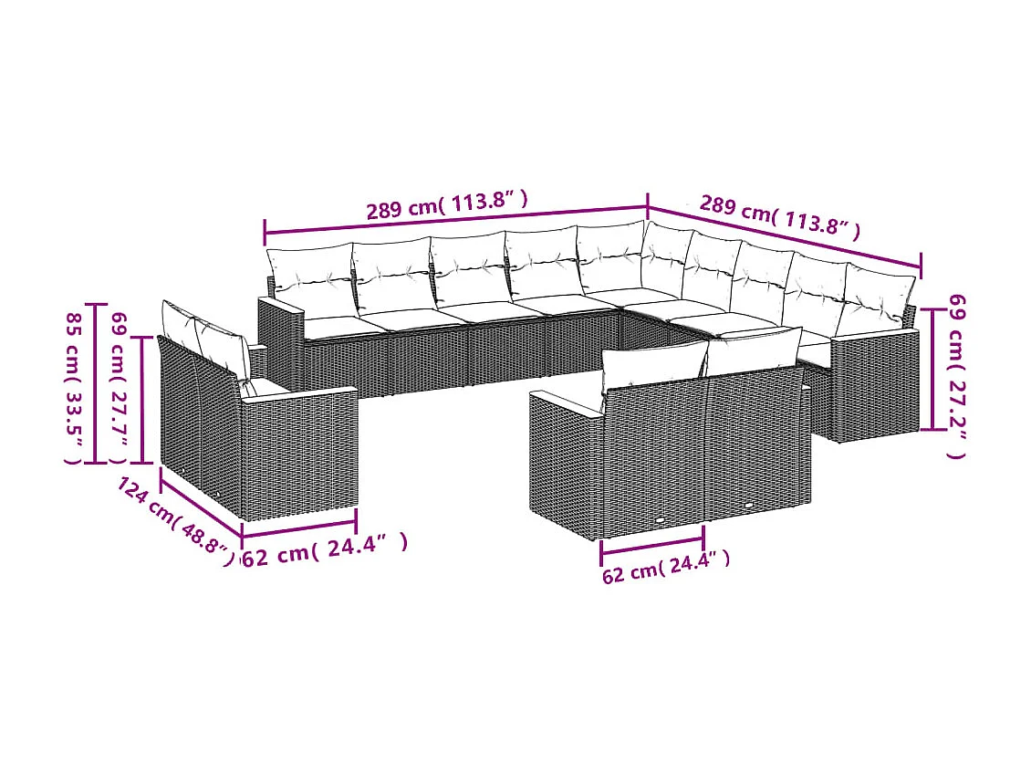 Salon de jardin avec coussins 13 pcs noir résine tressée